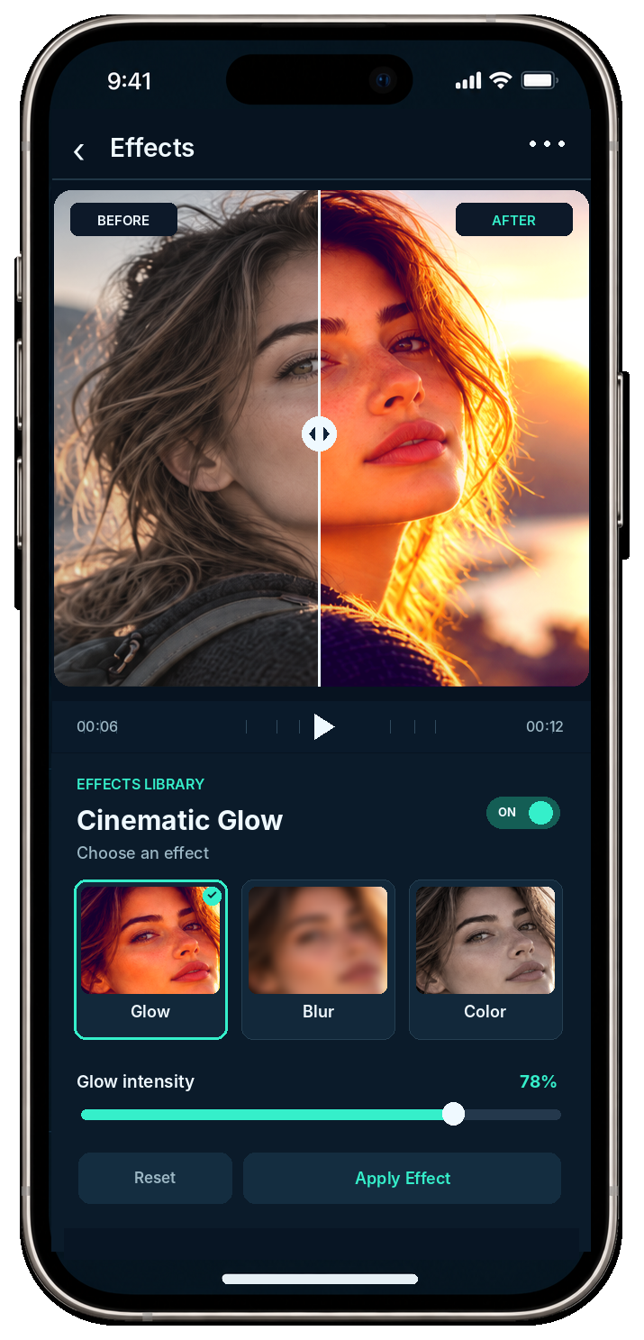 Illustrative Alight Motion Mod APK before-and-after premium effect preview on a phone
