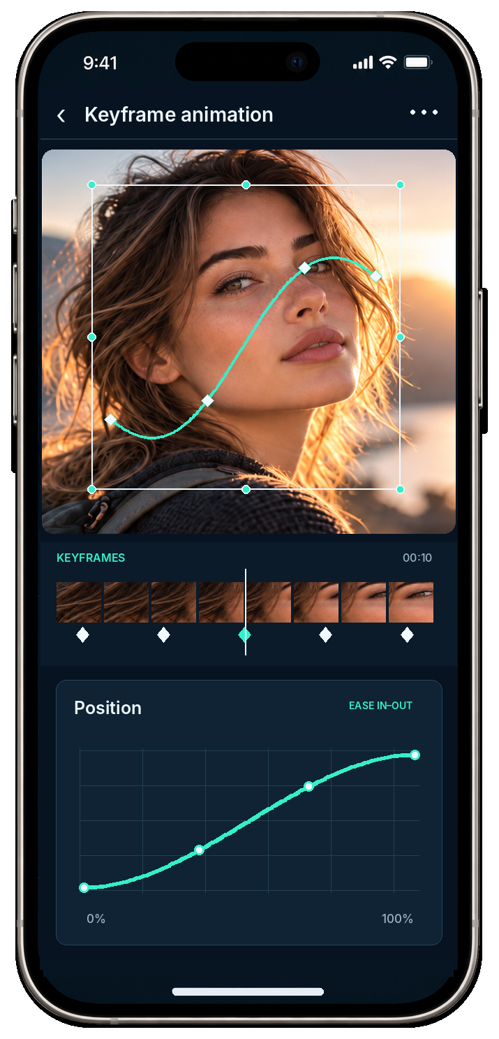 Illustration of Alight Motion keyframes and easing controls on a mobile editing timeline