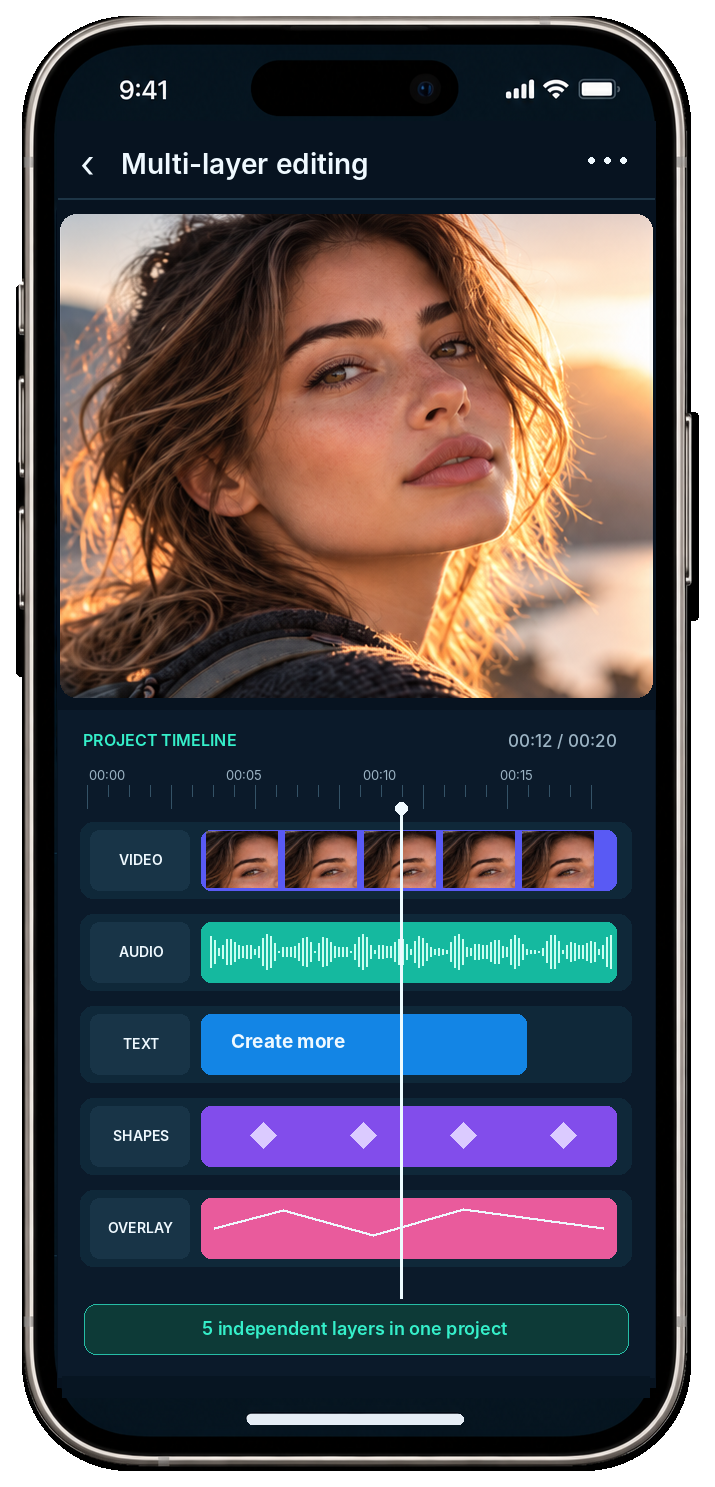 Illustrative Alight Motion Mod APK timeline with separate video, audio, text, shape and overlay layers