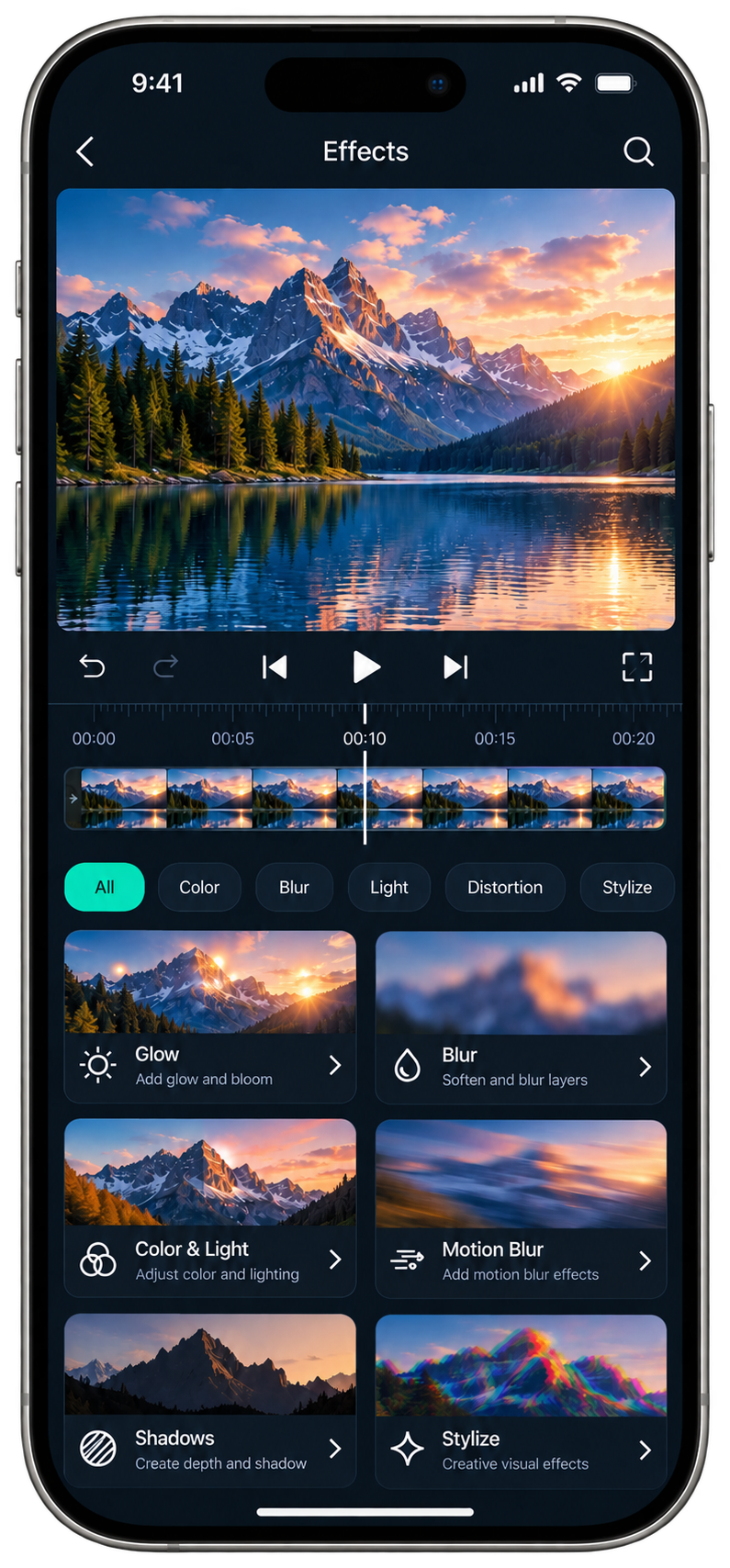Illustrated Alight Motion effects interface showing effect categories and visual controls