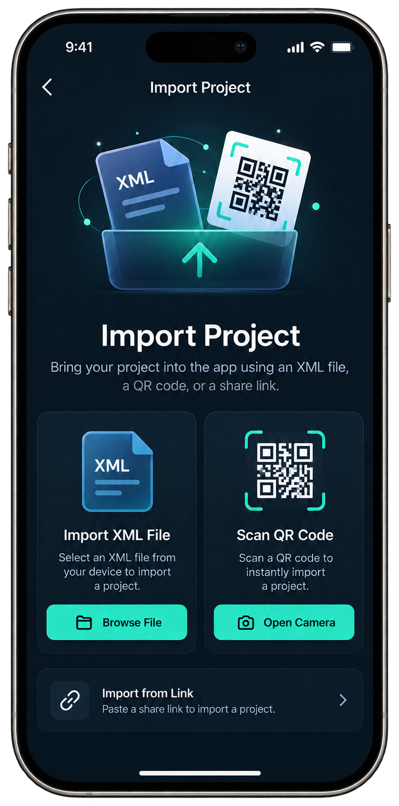 Illustration of Alight Motion XML project import alongside a QR code option