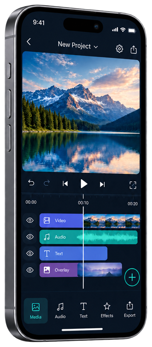 Alight Motion iOS editor illustration with mountain video, audio, text and overlay layers