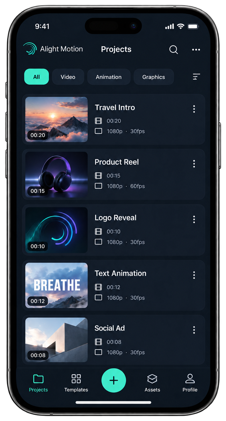 Illustration of an Alight Motion projects list showing saved video edits