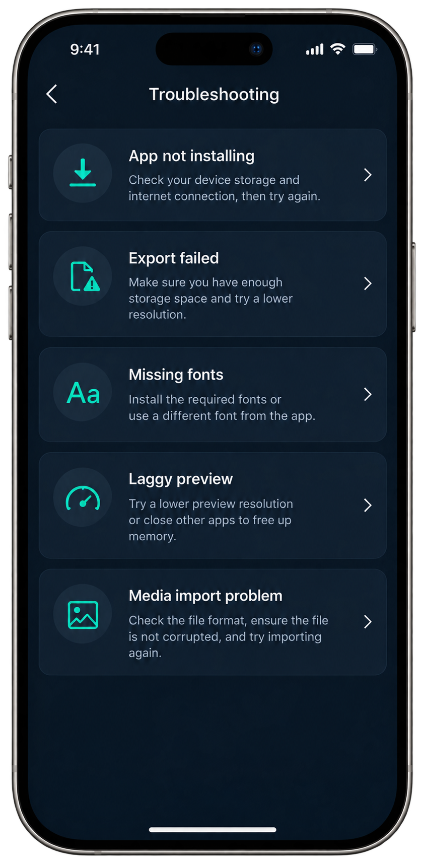 Illustration of Alight Motion troubleshooting topics for installation, export and missing fonts